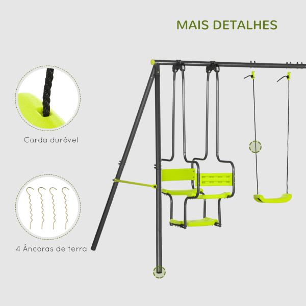 Conjunto de Baloiços Infantil com 2 Baloiços Baloiço Duplo e Estrutura de Aço para Crianças de 3 - 8 Anos 355x184x186 cm Verde