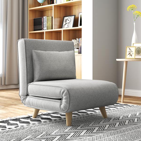 Poltrona 2 em 1 Sofá Cama Individual Dobrável com Encosto Ajustável e Almofada Carga 150 kg 72x78x79 cm Cinza