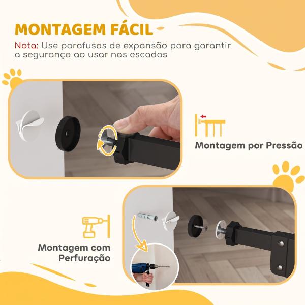Barreira de Segurança para Cães 74 - 100 cm com Extensões, Montagem por Pressão e Duplo Bloqueio, Preto