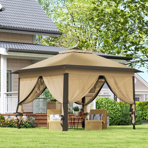 Pérgola Dobrável Exterior com Altura Ajustável Teto Duplo 4 Mosquiteiras Removíveis e Bolsa de Transporte 3,3x3,3 m Bege