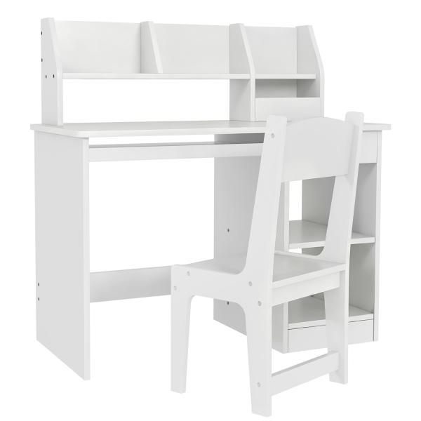 Conjunto de Secretária e Cadeira para Crianças com 2 Gavetas e Compartimento para Dormitório Sala de Estudo Branco