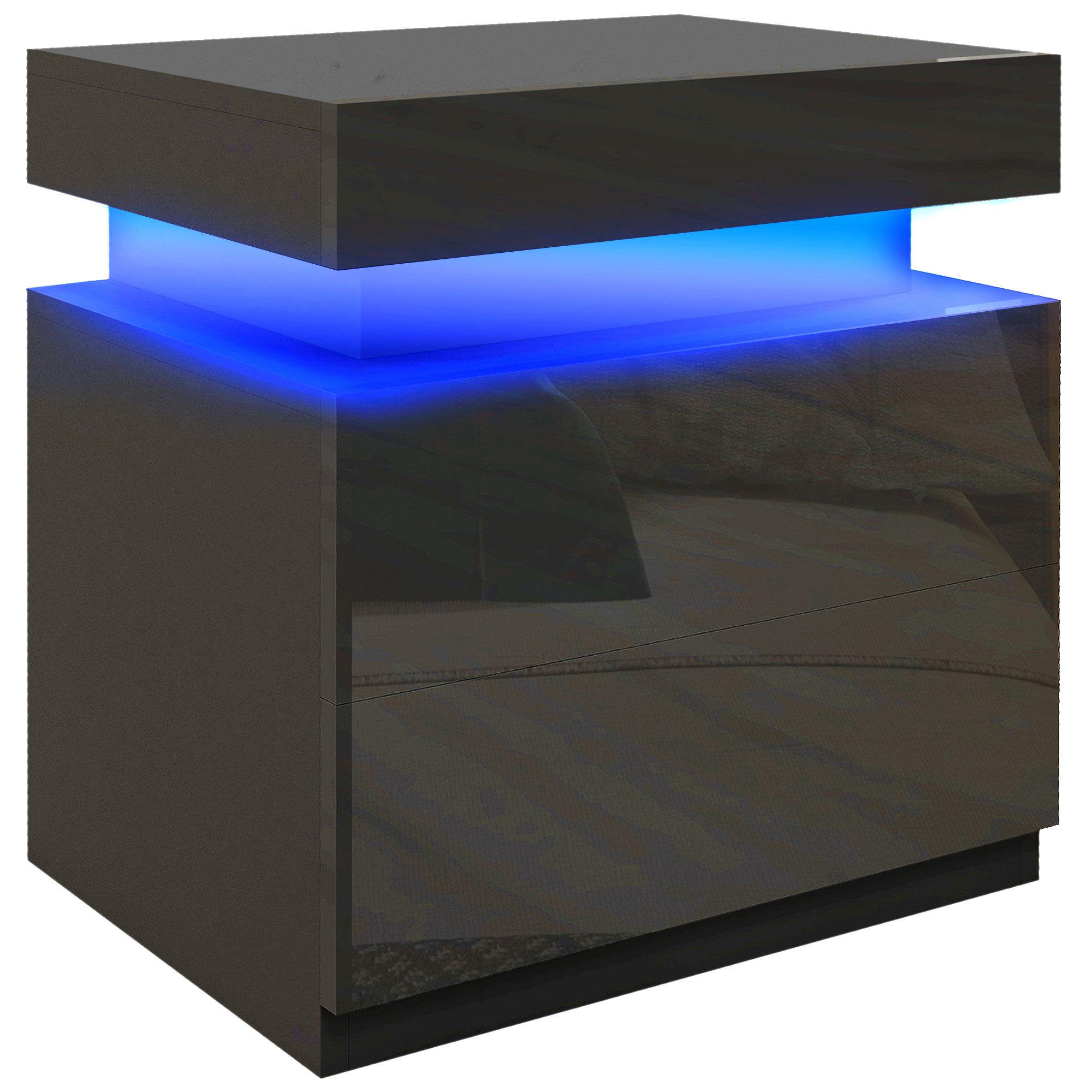 Mesa de Cabeceira com Luz LED Painel de Alto Brilho 2 Gavetas e Controlo Remoto para Dormitório 45x35x52 cm Preto