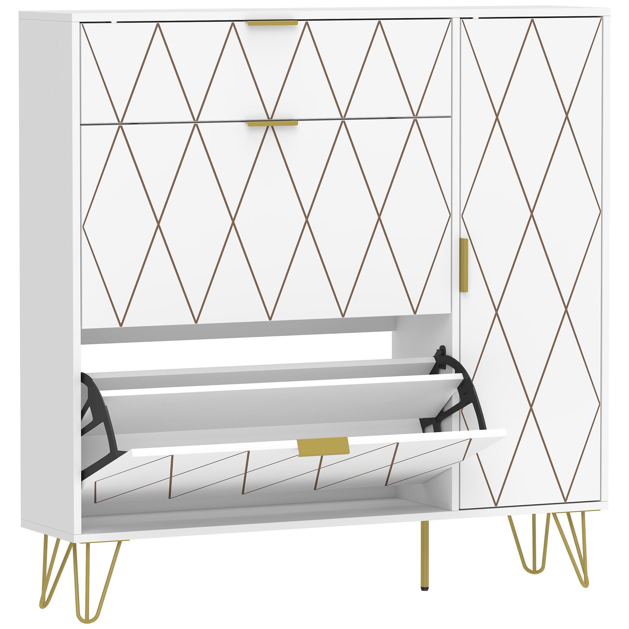 Sapateira Estreita com 2 Compartimentos Abatíveis Armário e Prateleiras Ajustáveis 10 - 14 Pares de Sapatos 110x25x110,6 cm Branco
