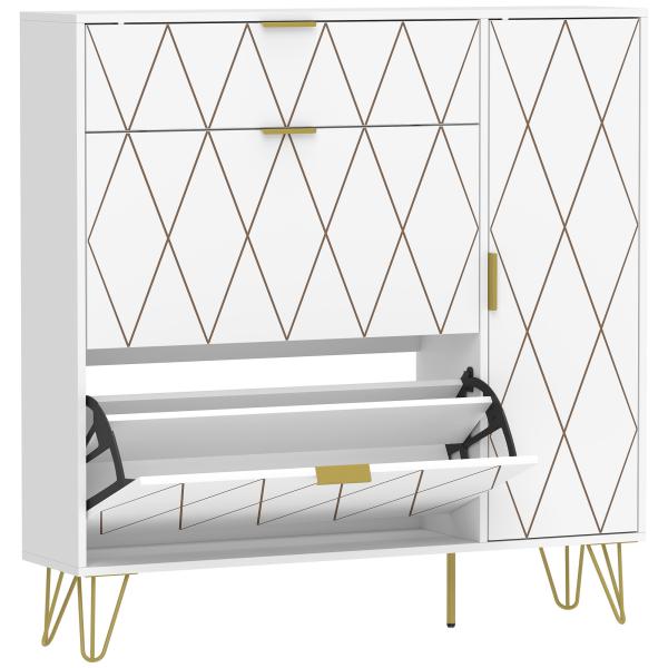 Sapateira Estreita com 2 Compartimentos Abatíveis Armário e Prateleiras Ajustáveis 10 - 14 Pares de Sapatos 110x25x110,6 cm Branco