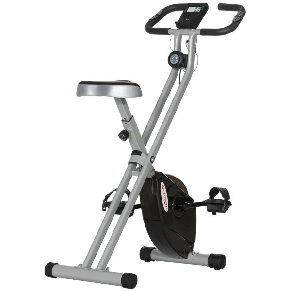 Bicicleta Estática Dobrável Silenciosa com 8 Níveis de Resistência, Monitor LCD, Assento Ajustável e Rodas, Cinzento