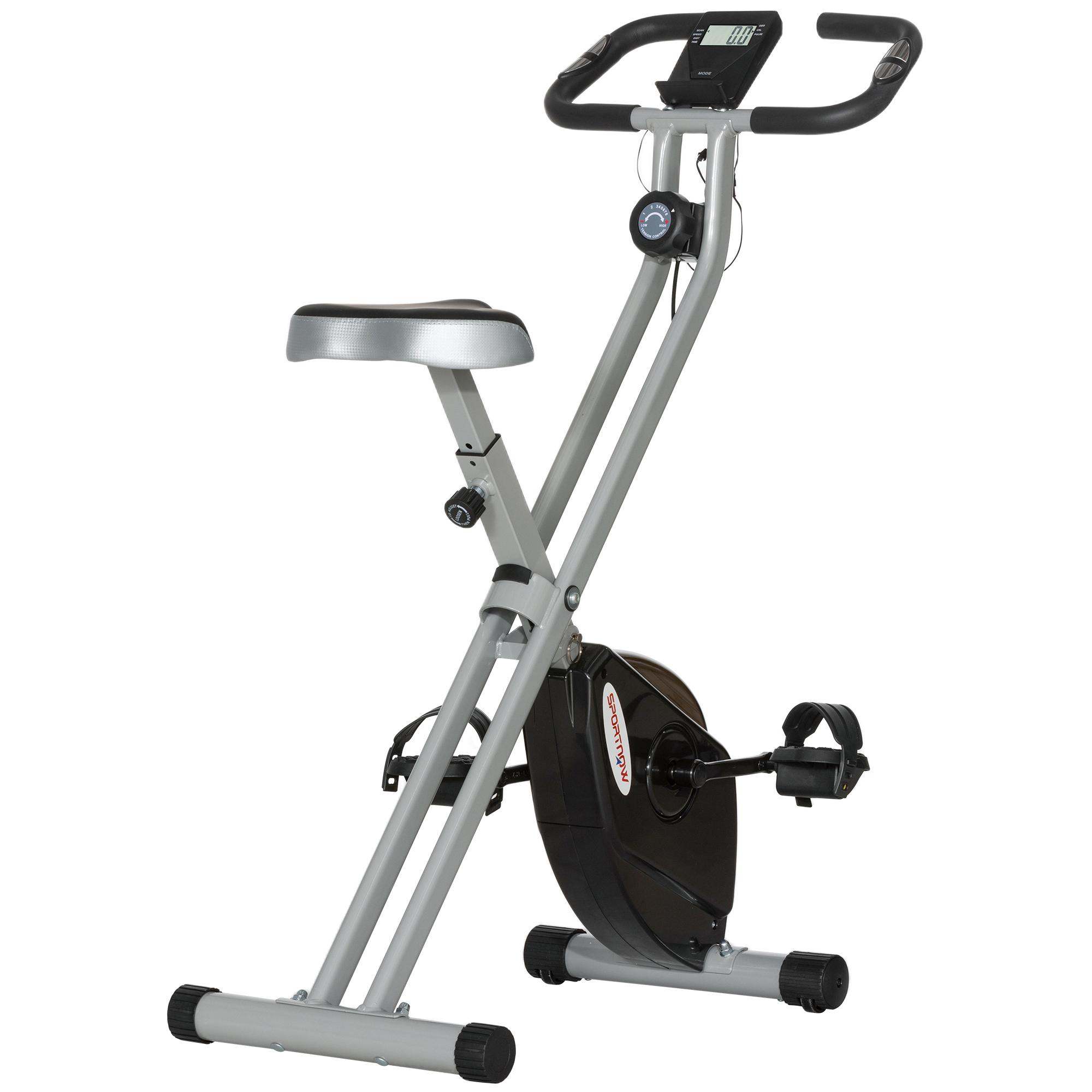 Bicicleta Estática Dobrável Silenciosa com 8 Níveis de Resistência, Monitor LCD, Assento Ajustável e Rodas, Cinzento