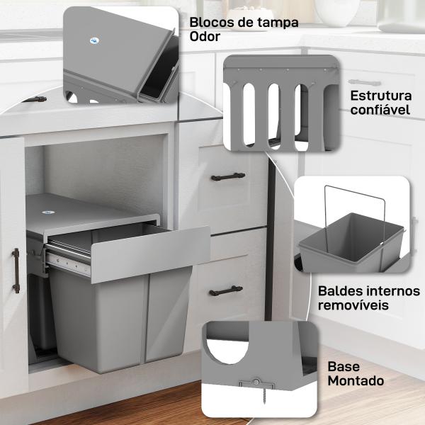 Balde de Lixo Embitido com 2 Recipientes Removíveis para Reciclagem Capacidade Total 30L (15Lx2) 48x34,3x35,1 cm Cinzento Claro