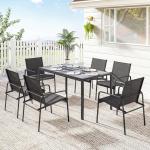 Conjunto de Mesa e Cadeiras de Jardim de 7 Peças com Mesa com Efeito Madeira e 6 Cadeiras com Assento Respirável Preto