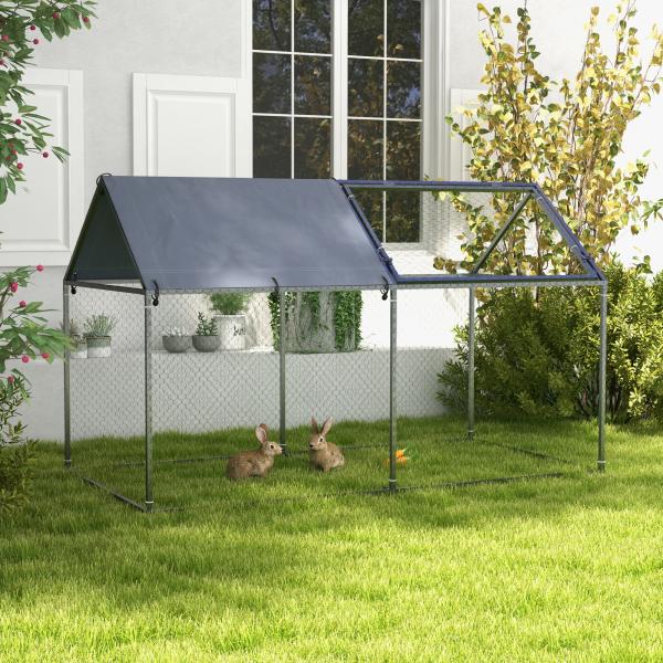 Gaiola para Pequenos Animais de Aço com 1 Porta Superior e Cobertura Anti - UV para Exterior Jardim 198x100x120 cm Prata