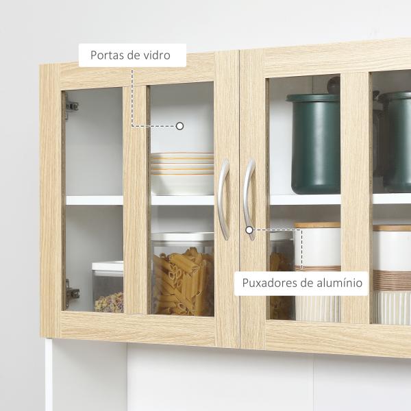 Aparador de Cozinha com 4 Portas de Vidro Bancada Aberta para Micro - Ondas 80x40x180 cm Branco e Madeira