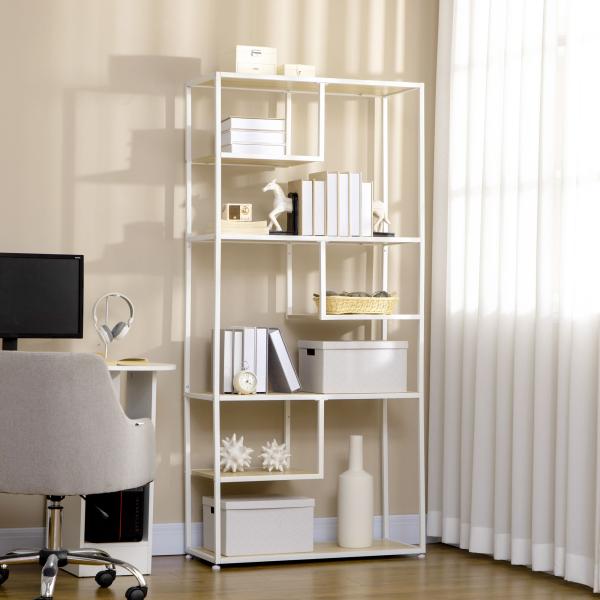 Estante de Armazenamento para Livros com Estrutura de Aço para Escritório Sala de Estar Estúdio 83x34x180cm Carvalho e Branco