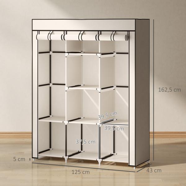 Roupeiro de Tecido Dobrável com 8 Prateleiras de Armazenamento e 2 Barras de Pendurar 125x43x162,5cm Creme