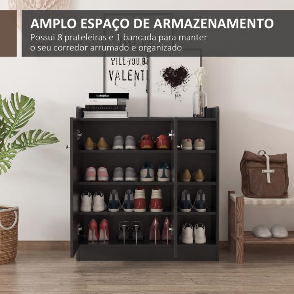 Sapateira com 2 Portas Prateleiras Interiores e 4 Prateleiras Exteriores com Altura Ajustável 83x30x90 cm Preto
