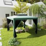 Pérgola de Jardim com 4 Mosquiteiras Teto Duplo 8 Orifícios de Drenagem e Estrutura de Metal 297x297x268 cm Verde