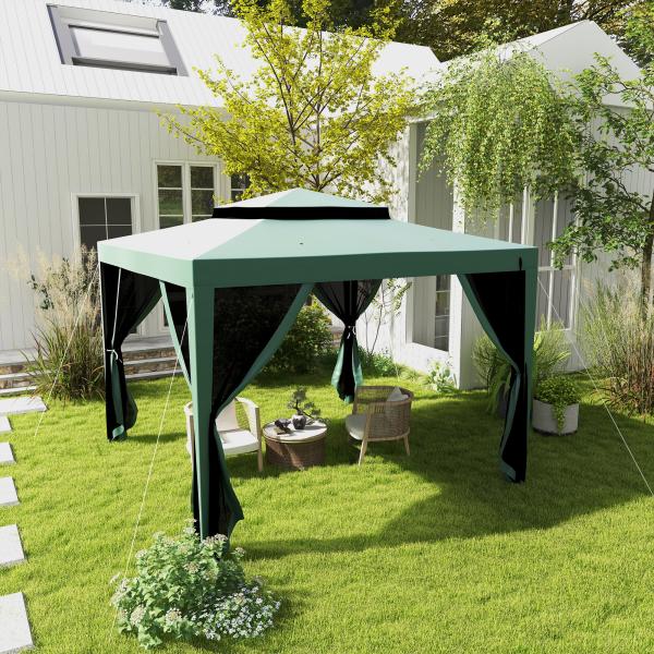 Pérgola de Jardim com 4 Mosquiteiras Teto Duplo 8 Orifícios de Drenagem e Estrutura de Metal 297x297x268 cm Verde