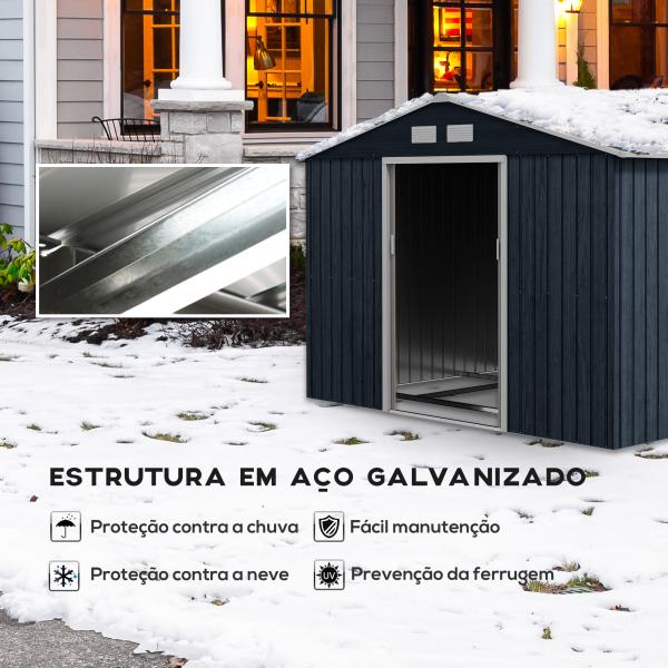 Abrigo de Jardim Metálico para Armazenamento de Ferramentas com Base de Reforço Incluída e 4 Janelas 277x195x192 cm Cinza Escuro