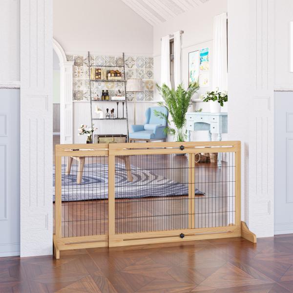 Barreira de Segurança para Cães de Madeira Extensível com Pés de Suporte Barreira de Proteção para Animais de Estimação para Portas Escada Corredor 104 - 183x36x69cm Natural