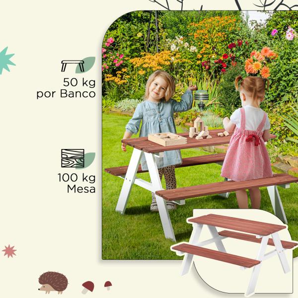 Conjunto de Mesa e 2 Bancos Infantil de Madeira Mesa de Piquenique para Crianças de 3 - 8 Anos 89x79x50 cm Marrom e Branco
