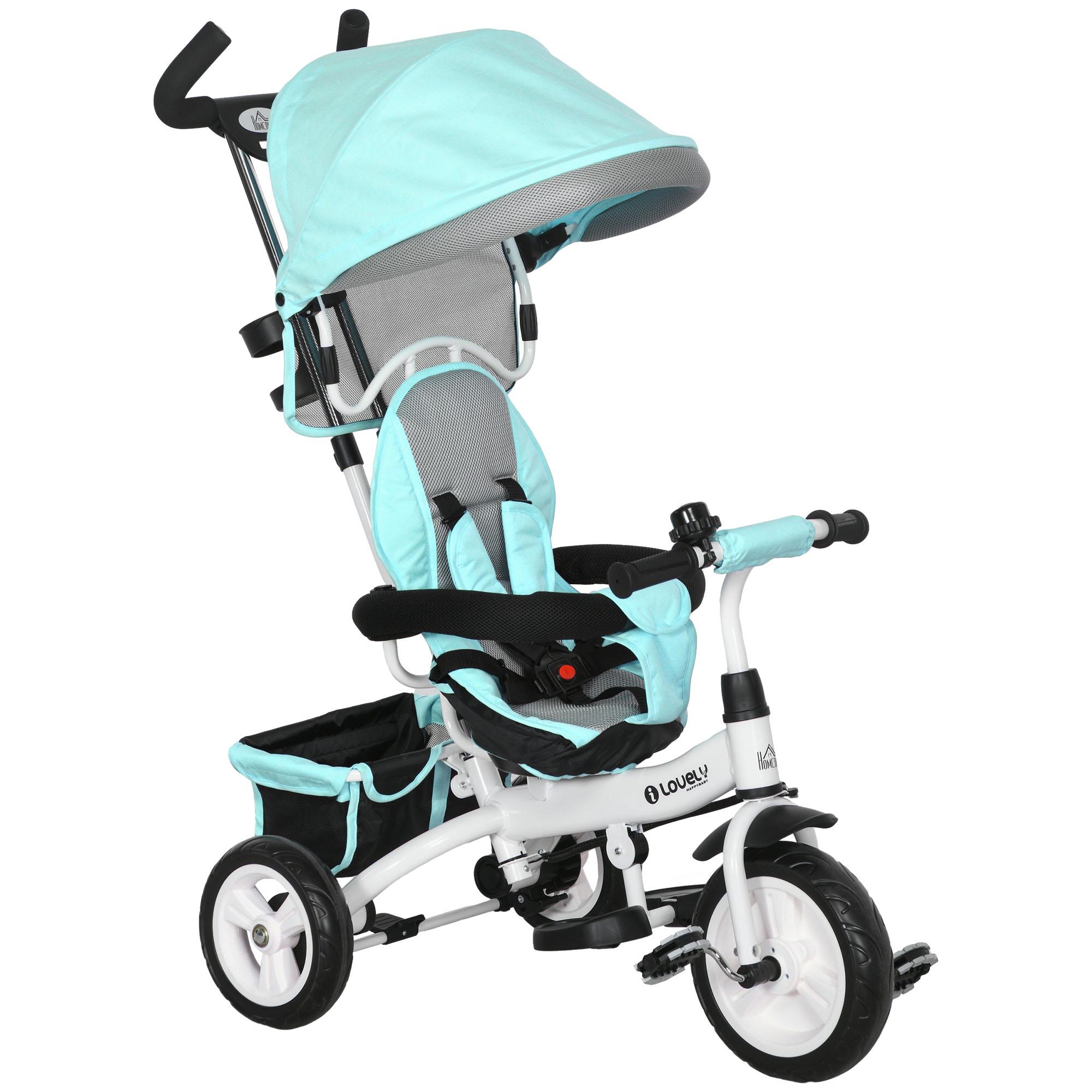 Triciclo Evolutivo para Bebés de +12 Meses 2 em 1 com Toldo Dobrável Guiador Cinto de Segurança e Cesto 95x50x106 cm Verde Mint