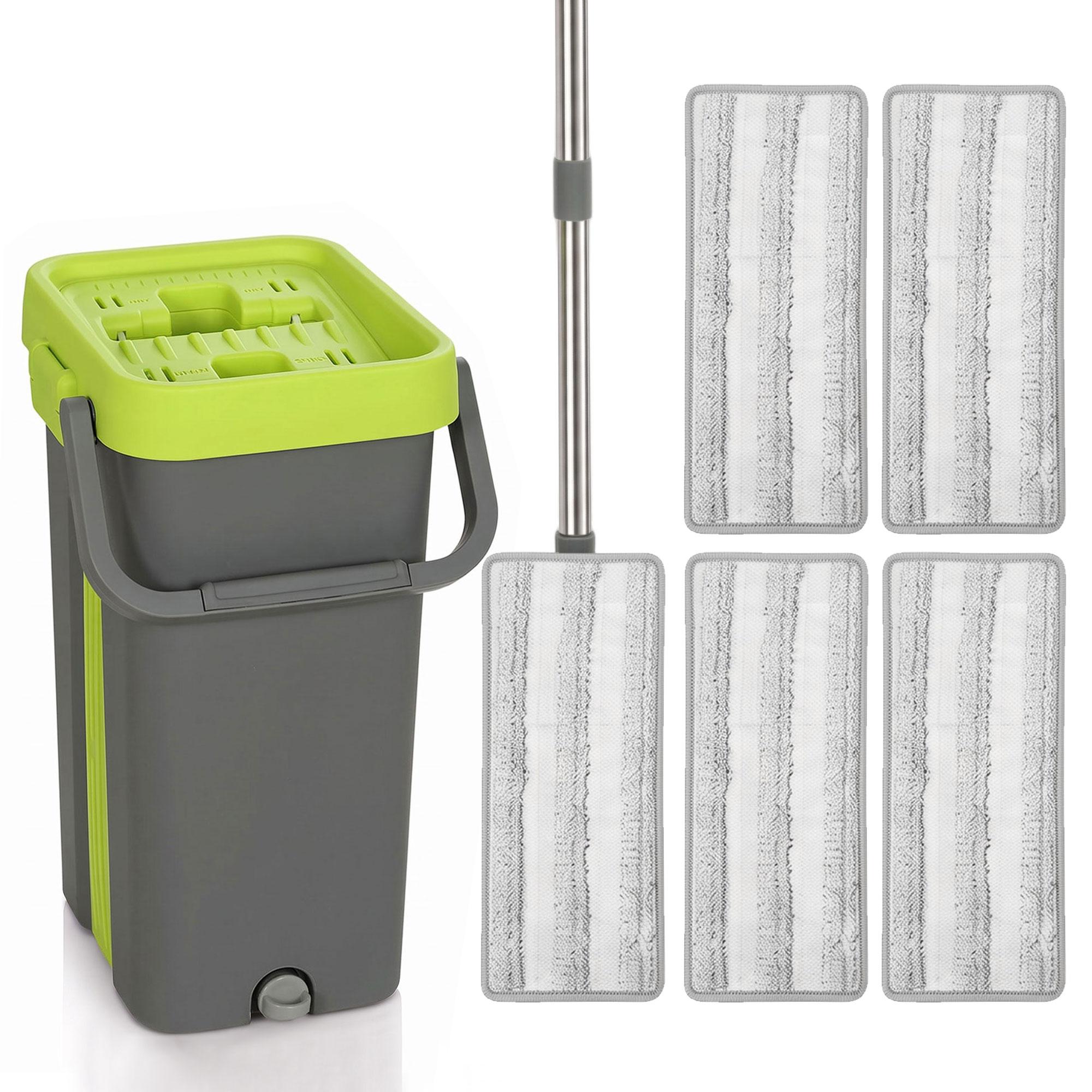 Conjunto de Mopa Plana e Balde com Espremedor 2 Compartimentos Cabeça 360° 5 Mopas de Microfibra Uso a Seco e Húmido Cinza Escuro