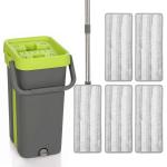 Conjunto de Mopa Plana e Balde com Espremedor 2 Compartimentos Cabeça 360° 5 Mopas de Microfibra Uso a Seco e Húmido Cinza Escuro