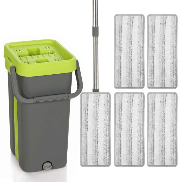 Conjunto de Mopa Plana e Balde com Espremedor 2 Compartimentos Cabeça 360° 5 Mopas de Microfibra Uso a Seco e Húmido Cinza Escuro