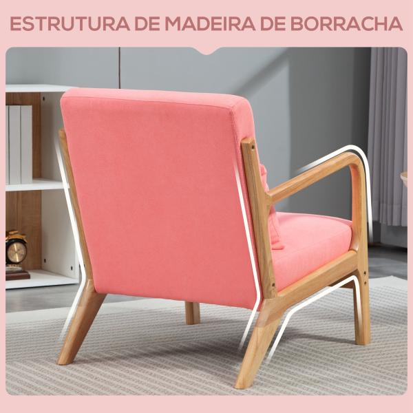 Poltrona Sala de Estar Nórdica Acolchoada com Apoio para os Braços e Estrutura de Madeira de Borracha 61x78x76 cm Rosa