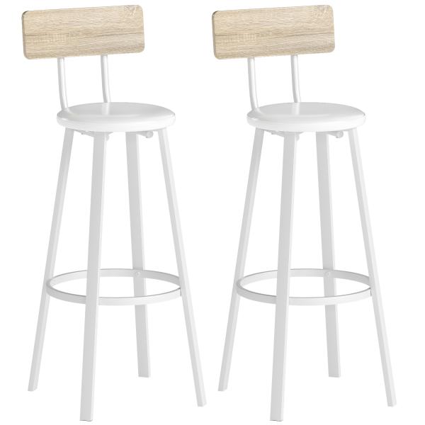 Conjunto de 2 Bancos de Bar Bancos Altos de Cozinha com Encosto e Apoio para Pés Estofados em PU Assento 41,5x36,5x99,5 cm Madeira e Branco