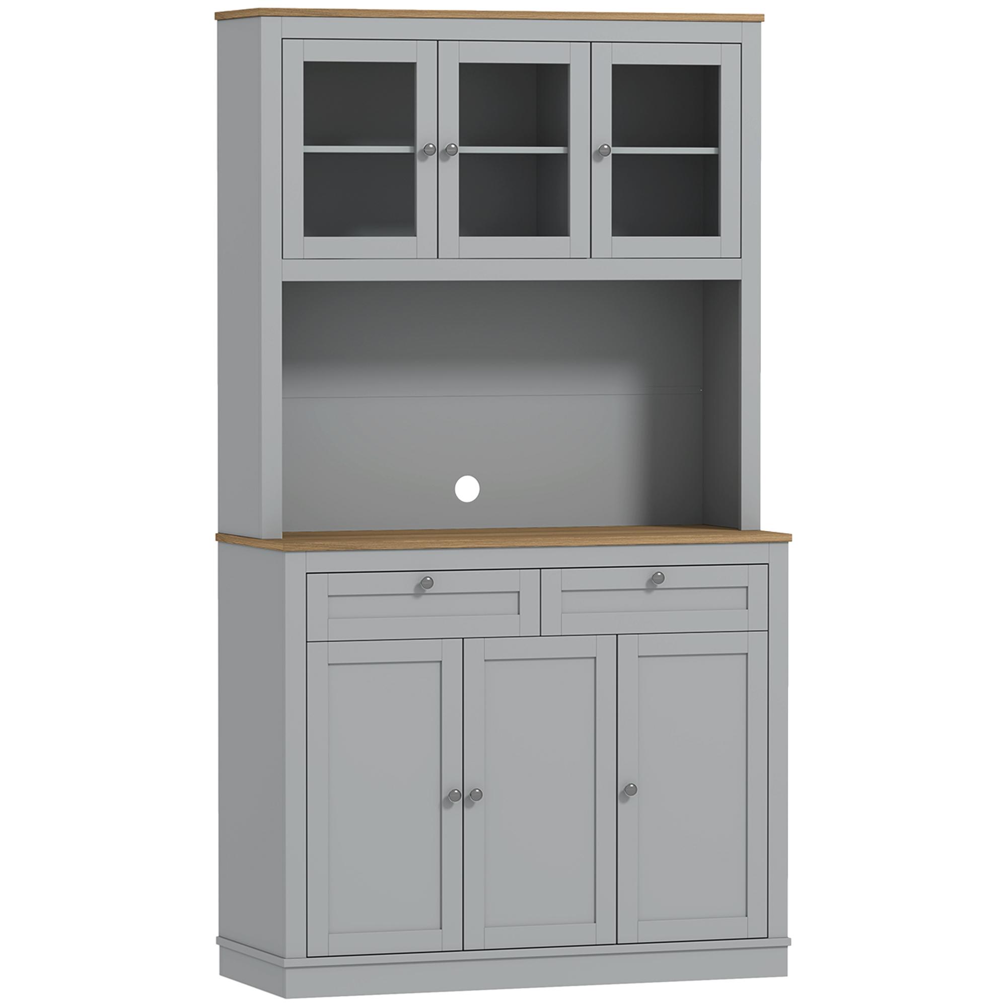 Armário de Cozinha com 3 Portas de Vidro Compartimento Aberto 2 Gavetas e Prateleiras Ajustáveis 100x40x180 cm Cinzento