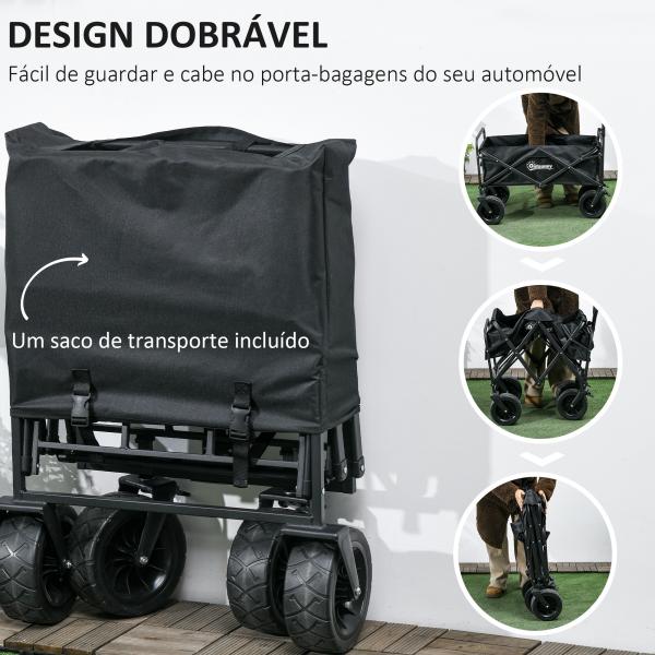 Carrinho de Transporte Dobrável com Bolsa Térmica Removível Capacidade 100 kg para Campismo Praia 113x57x77 - 100 cm Preto