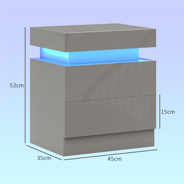 Mesa de Cabeceira com Luz LED Painel de Alto Brilho 2 Gavetas e Controlo Remoto para Dormitório 45x35x52 cm Cinzento