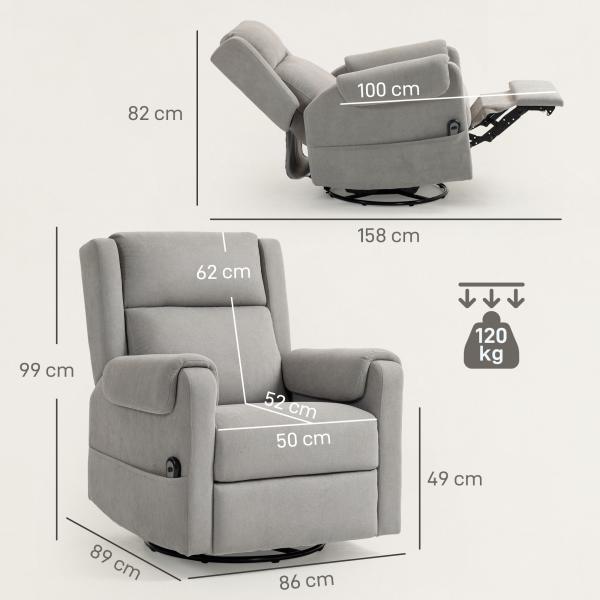 Poltrona Relax Reclinável Elétrica Giratória e Basculante com Apoio para os Pés Ajustável Controlo Remoto 86x89x99 cm Cinzento Claro