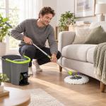 Conjunto de Esfregona e Balde com Espremedor 2 Compartimentos Balde de 20 L 5 Mopas de Microfibra Uso a Seco e Húmido Cinza Escuro