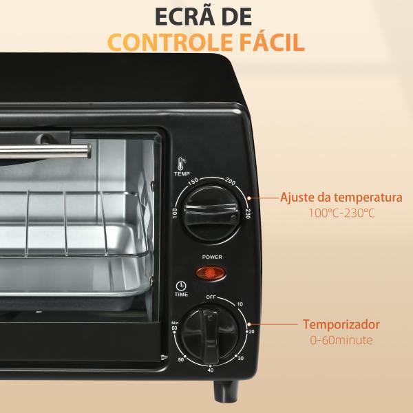 Mini Forno Elétrico 10 Litros 750W com Temperatura até 230°C Temporizador 60 Minutos Bandeja e Grade 36,5x26x22cm Preto