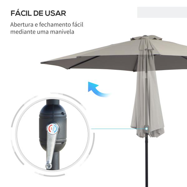 Chapéu de Sol de Jardim Ø295x250 cm com Manivela Chapéu de Sol Exterior com Mecanismo de Inclinação e Mastro Desmontável de Metal para Terraço Piscina Pátio Cinza