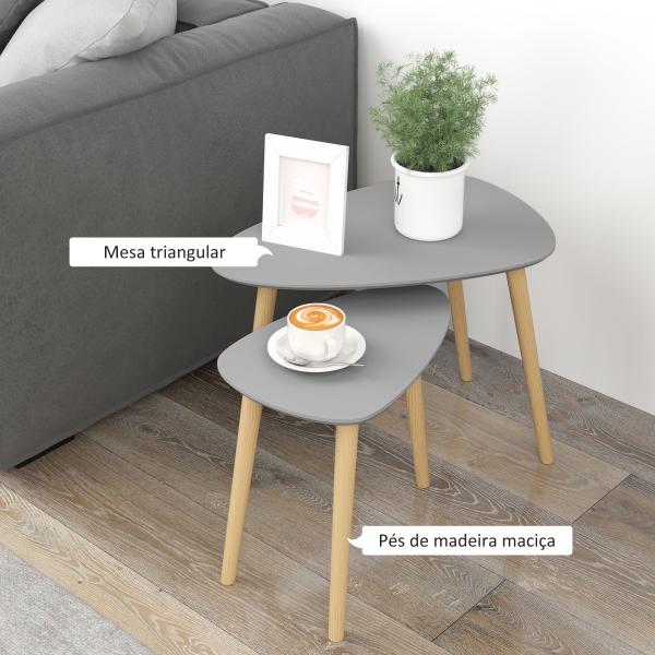 Conjunto de 2 Mesas Auxiliares com Pés de Madeira Mesas de Café 59,5x39,5x45cm e 44,5x28,5x40 cm Cinza
