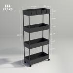 Carrinho Auxiliar com Rodas Carrinho de Armazenamento com 4 Cestas e 4 Ganchos Amovíveis 40x19x90 cm Preto