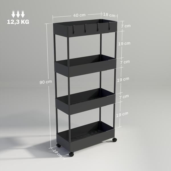 Carrinho Auxiliar com Rodas Carrinho de Armazenamento com 4 Cestas e 4 Ganchos Amovíveis 40x19x90 cm Preto
