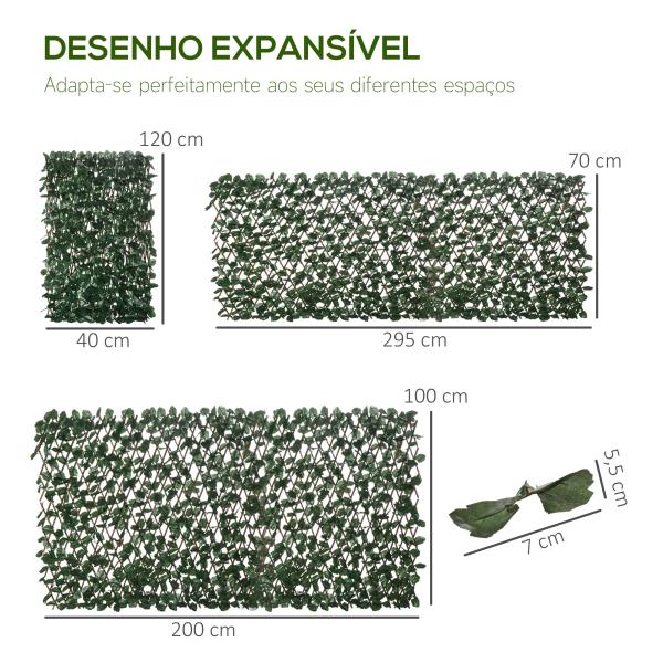 Vedação com Treliça Expansível de 2 Peças com Folhas Artificiais Parede de Folhas com Vime Decorativa Vedação de Privacidade 295x70 cm Verde