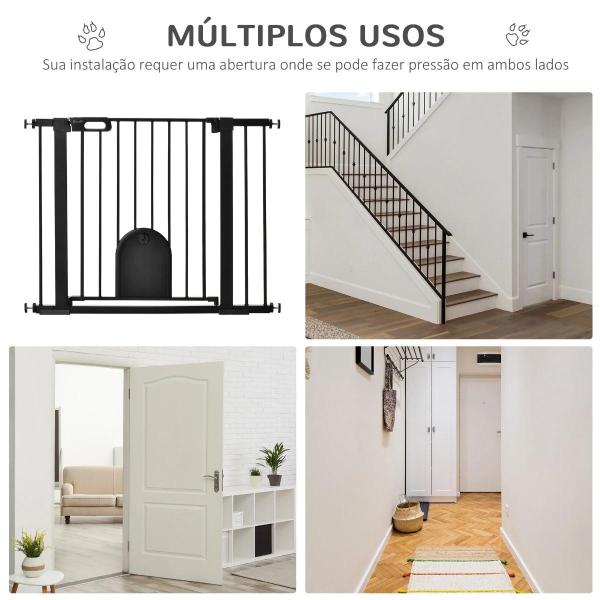Barreira de Segurança de Cães Animais de Estimação para Escadas e Portas 75 - 103cm com 2 Extensões Fechamento Automático e Sistema de Duplo Bloqueio Aço Preto