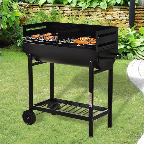 Barbecue a Carvão com Grelha Ajustável em Altura Prateleira de Armazenamento e Rodas 90x45x96 cm Preto