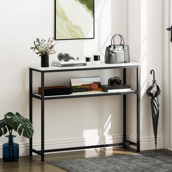 Mesa Consola Moderna Consola Estreita com Superfície com Efeito Mármore Prateleira Aberta e Estrutura de Metal 100x30x81 cm Branco