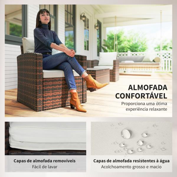 Conjunto de Jardim Exterior de Vime 6 Peças Almofadas Sofá Duplo Sofá de 3 Lugares 2 Poltronas 2 Mesas Auxiliares Bege