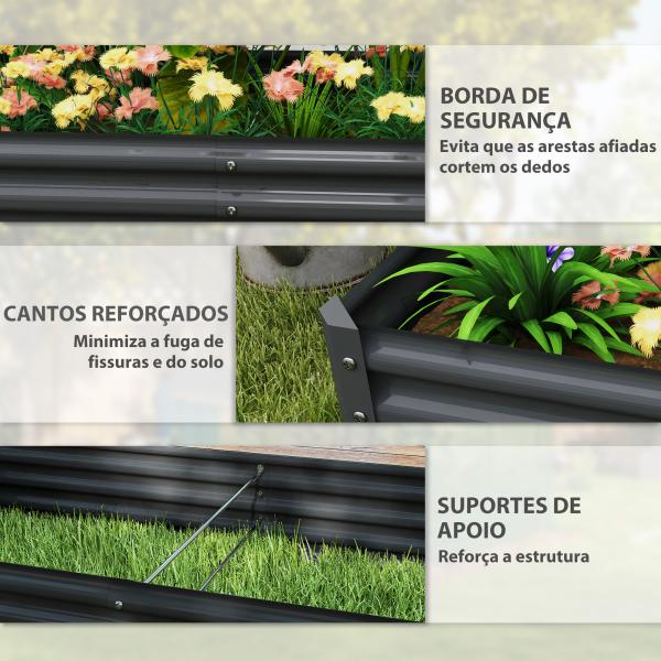 Caixa de Plantio de Aço Galvanizado para Cultivar Plantas Flores Floreira Grande de Exterior Retangular com Fundo Aberto 180x90x30 cm Cinzento Escuro