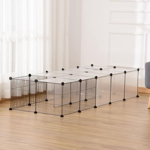 Recinto para Animais Pequenos com 27 Painéis e Forma Personalizável 140x70x70 cm Transparente e Preto