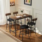 Conjunto de Mesa Alta de Bar com 4 Bancos, Assentos em PU com Encosto e Apoio para os Pés, Castanho