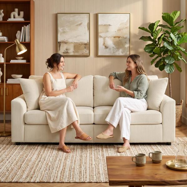 Sofá de 3 Lugares Moderno 212x80x88 cm Sofá Sala de Estar Estofado com 2 Almofadas Apoio de Braços e Estrutura de Aço Creme