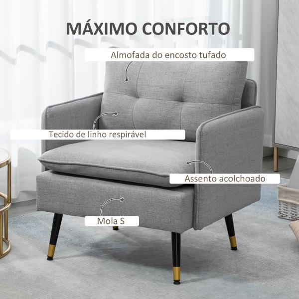 Poltrona Sala de Estar Poltrona Relax com Apoio para os Braços Assento Acolchoado e Pés de Aço 76x68x80 cm Cinza