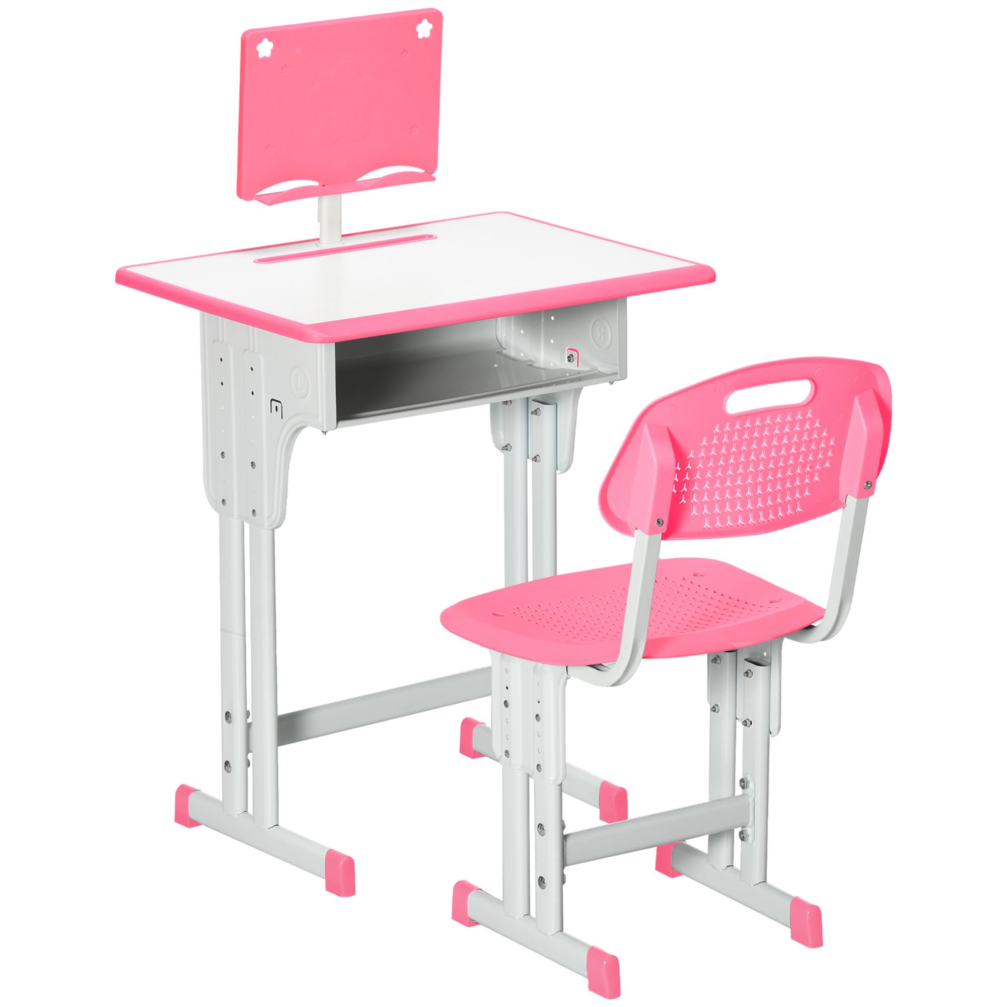 Conjunto de Secretária e Cadeira para Crianças com Altura Ajustável 1 Gaveta e 1 Prateleira para Livros 60x45x90 - 120 cm Rosa