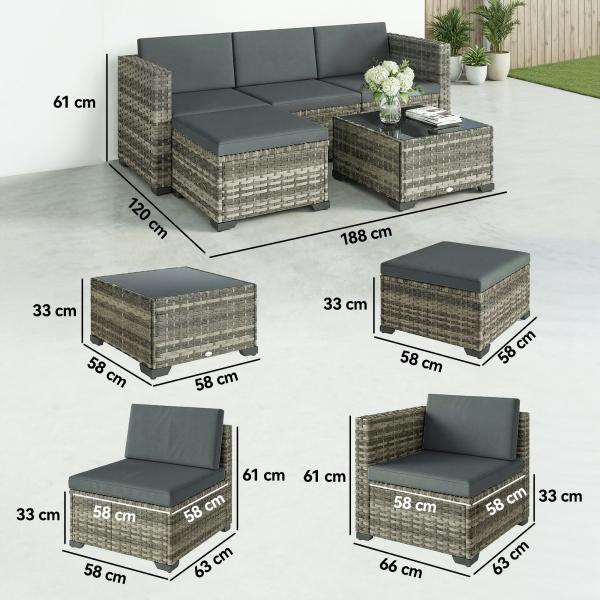 Conjunto de Jardim em Vime de 5 Peças Inclui Almofadas 2 Poltronas de Canto Poltrona sem Braços Apoia - Pés e Mesa de Centro Cinza Escuro
